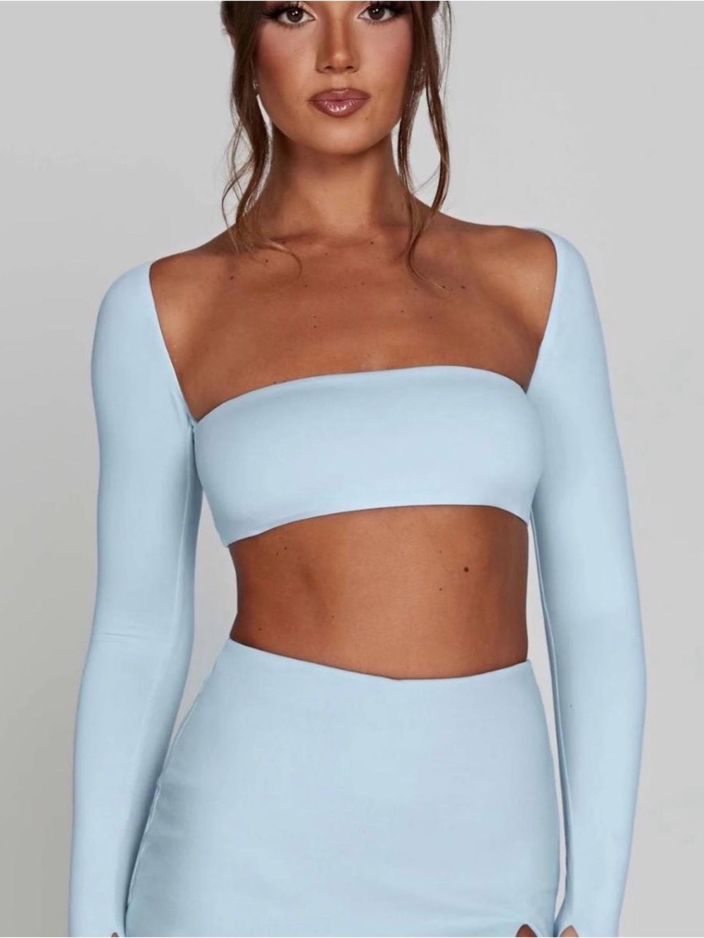 Long Sleeve Square Neck Crop Top in Light Blue